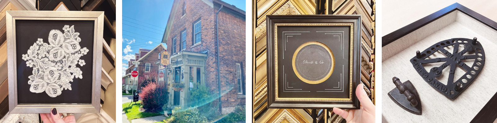 Four square photos: a framed piece of bridal lace; the outside of the Hang Ups store; a fancy framed drink coaster; a shadow box with an antique sad iron.